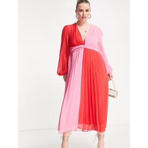 ASOS Design Dresses & Skirts - ASOS Design Curve Women's Textured Twist Front Pleated Midi Dress Pink Size 20
